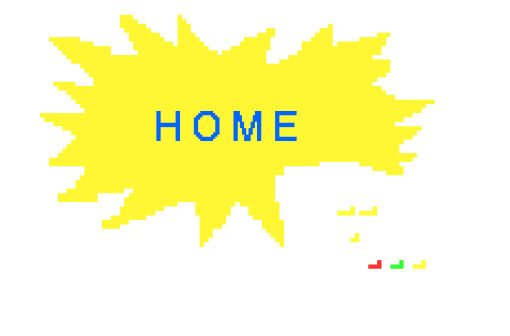 pixelated image of remote control pointing at a yellow starburst shape with home written on it